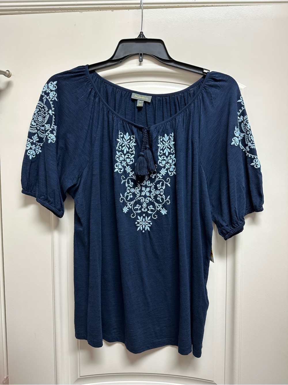 Style & Co. Navy Peasant Top with Light Blue Embroidery